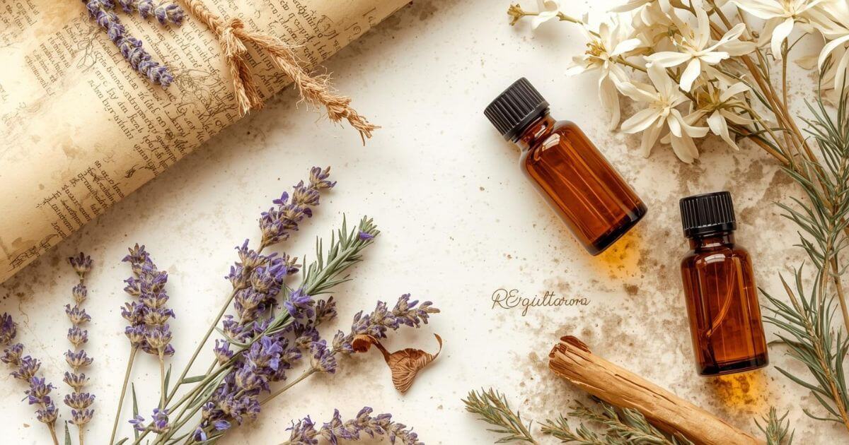 Imagem ilustrativa mostrando a história da aromaterapia: frascos de óleos essenciais, ervas e pergaminhos antigos, simbolizando tradição e bem-estar