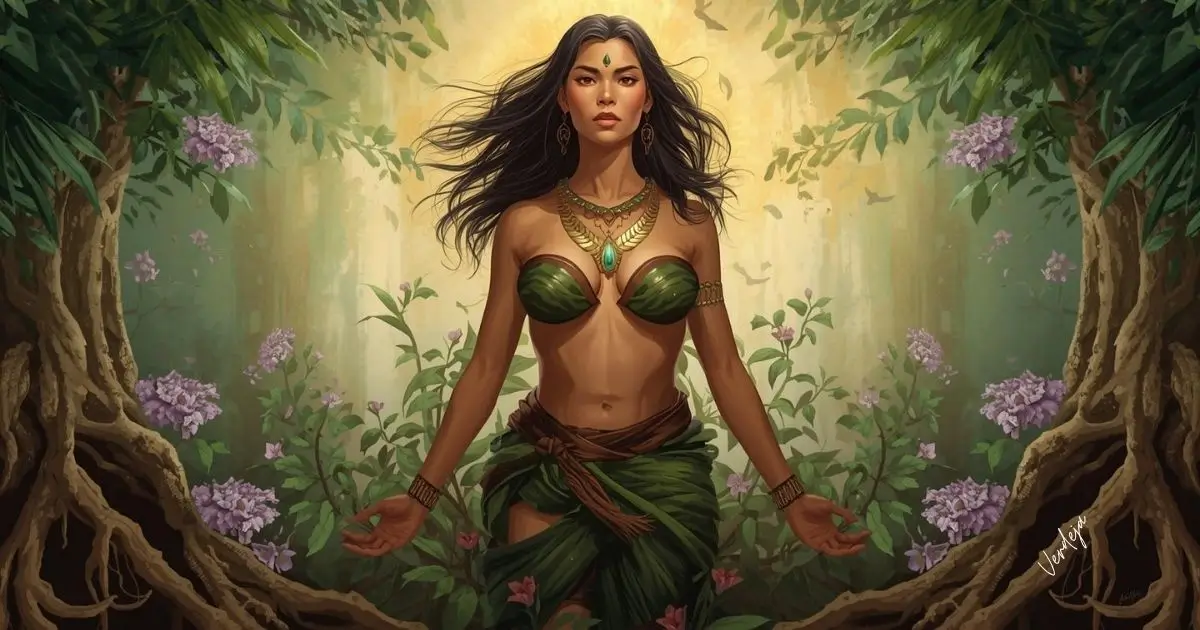 Pintura a óleo de uma mulher forte e serena, símbolo do sagrado feminino, cercada por folhas e flores em tons de verde, lilás e terra, representando poder, ancestralidade e conexão com a natureza.