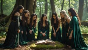 O retrato de um grupo de mulheres em meio à floresta, reunidas em torno de um livro aberto. Todas vestem roupas escuras, criando uma atmosfera de irmandade, conexão espiritual e sabedoria feminina.