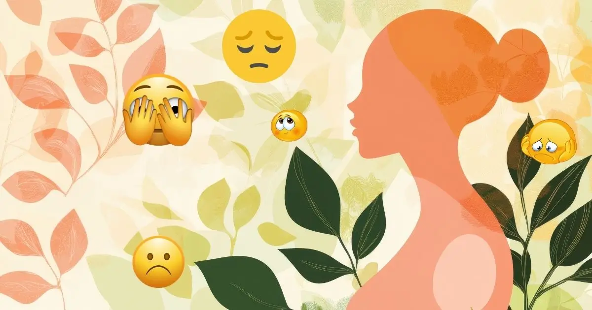 Ilustração artística de uma mulher com luz suave e cinco emojis ao redor, representando as cinco feridas emocionais