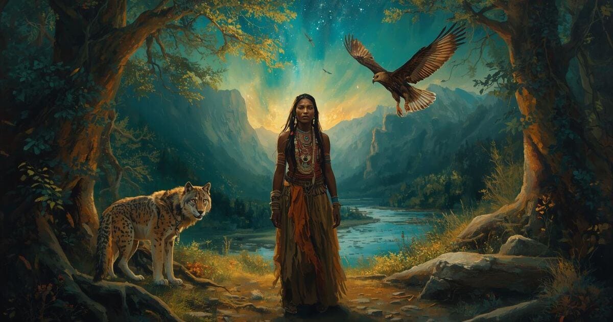 Xamanismo: Desvende a Magia Ancestral em 2025! 1 Pintura a óleo de uma xamã anciã indígena em meio à floresta, cercada por águia, lobo e jaguar, com luz dourada suave e símbolos da natureza sagrada
