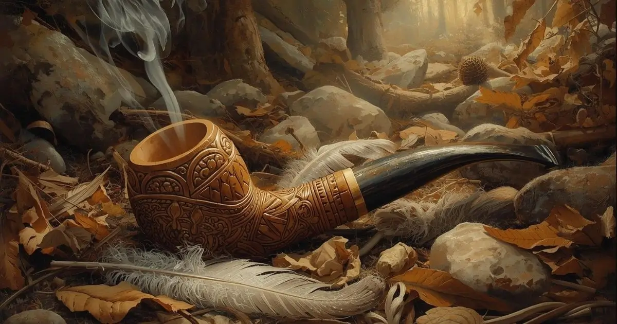 Arte em pintura a óleo de um cachimbo cerimonial indígena usado em rituais de tabaco, apoiado sobre penas e pedras, com fumaça suave e atmosfera espiritual