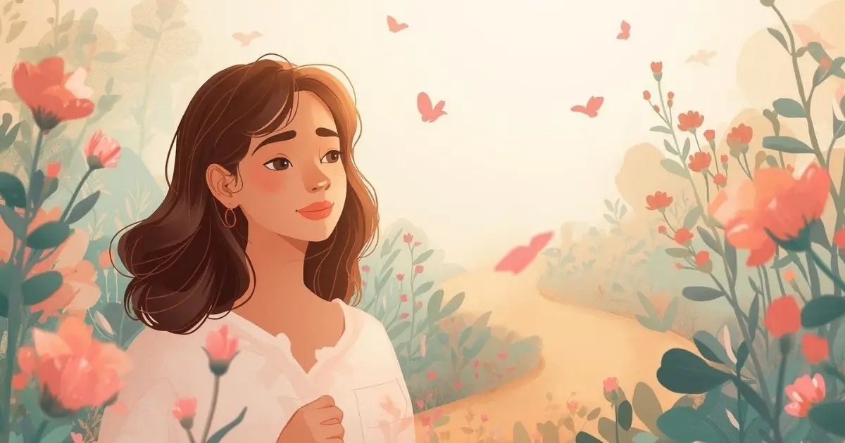 Ilustração de uma mulher refletindo sobre a ferida do abandono, cercada por flores e luz suave, simbolizando autoconhecimento e cura feminina