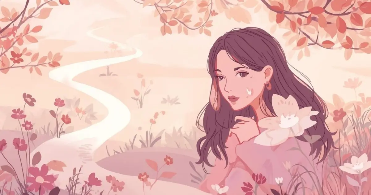 Arte digital mostrando uma mulher em processo de superação da ferida da humilhação, envolvida por flores e cores suaves, transmitindo esperança