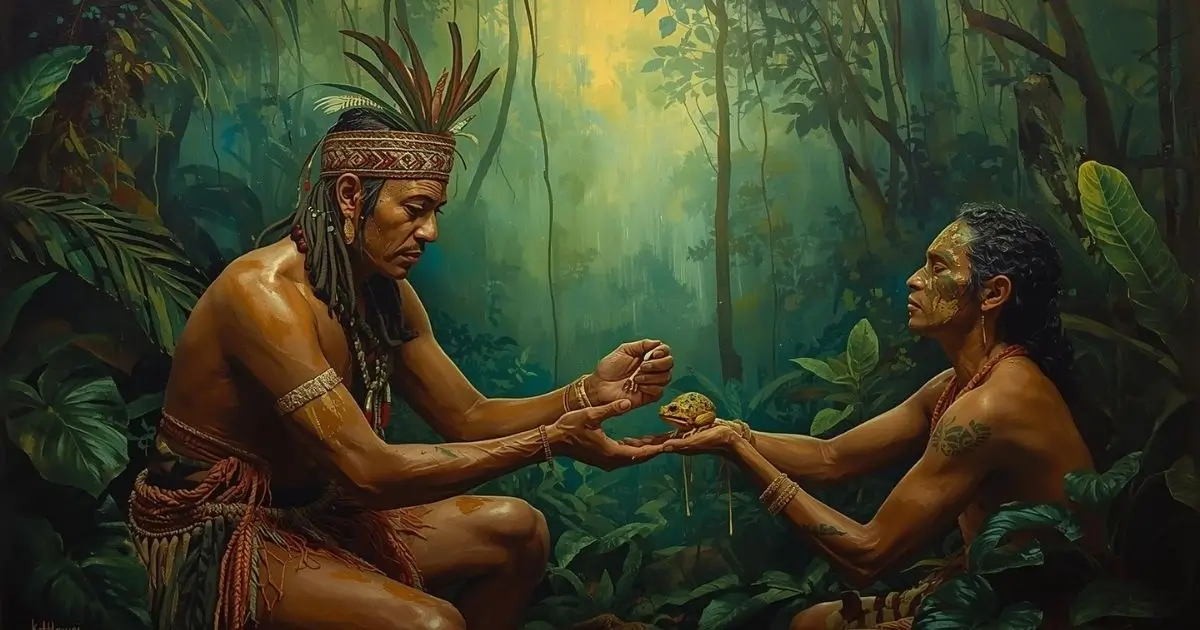 Ilustração em pintura a óleo de ritual do cambo, com aplicação da secreção da rã em ambiente sagrado na floresta.