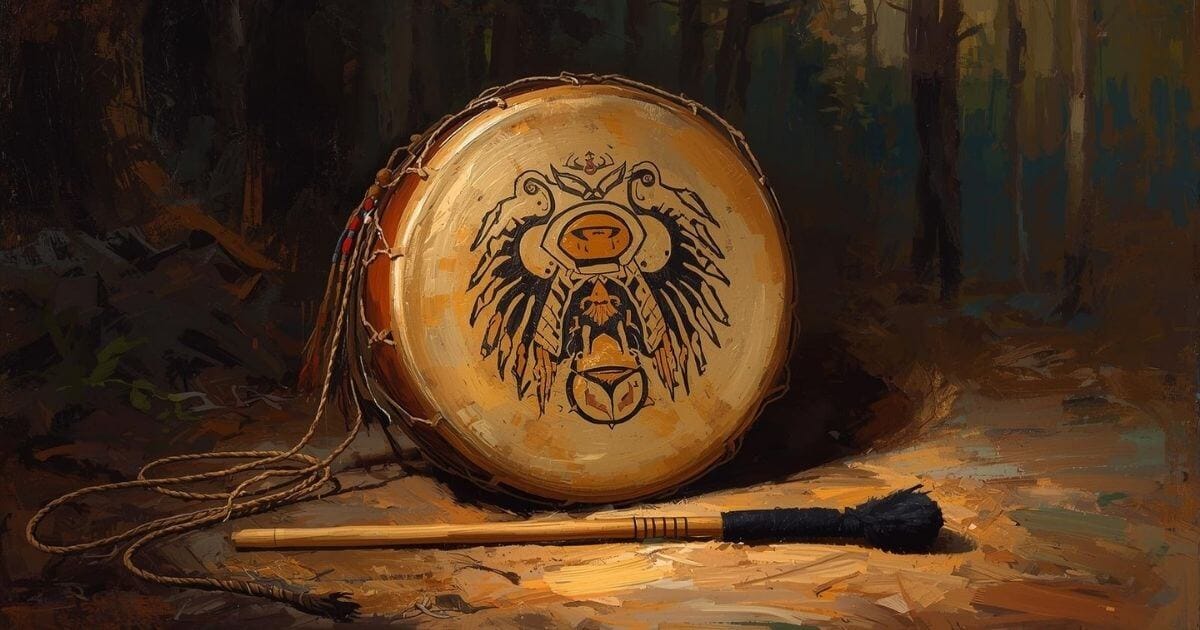 Medicina do Tambor: Cura Profunda e Espiritual em 2025 1 Pintura a óleo de tambor com baqueta de feltro em floresta iluminada ao entardecer.