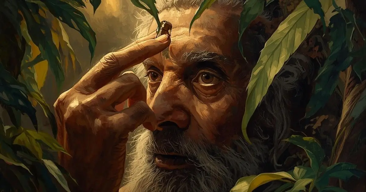 Sananga: O Poder Ancestral do Xamanismo em 2025 1 Arte em pintura a óleo mostrando aplicação ritual de sananga por um curandeiro indígena em meio à floresta.