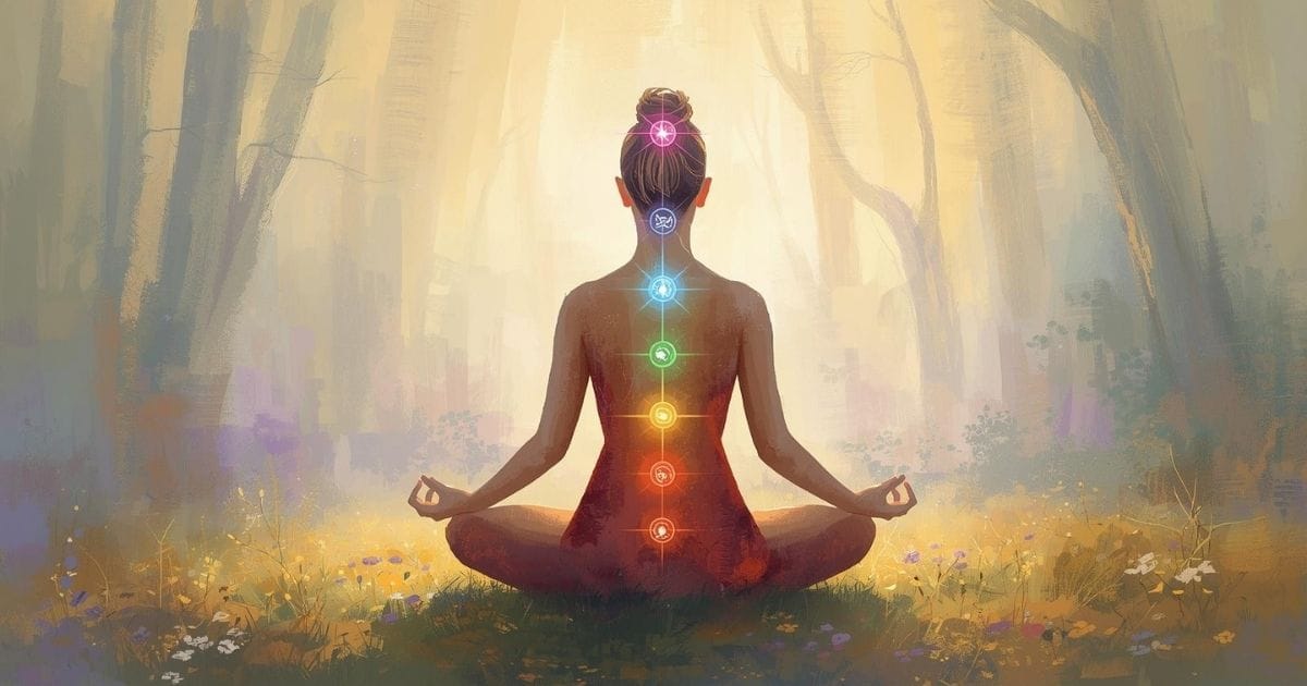 Chakras: O Que São, Significados e Como Equilibrar Seus 7 Centros de Energia 1 Figura feminina meditando com os sete chakras alinhados em cores vibrantes, simbolizando equilíbrio entre corpo, mente e espírito