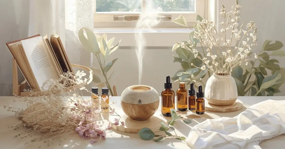 Acessórios para Aromaterapia: Guia Completo com Itens Essenciais, Livros e Cursos 1 Espaço sereno de aromaterapia com acessorios como difusor soltando névoa, frascos âmbar, óleos essenciais, flores secas e livros sobre autocuidado, em tons verdes e lilases, representando harmonia e bem-estar natural.