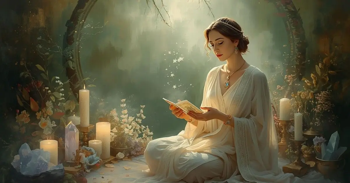 Oráculos e Autoconhecimento: Descubra Como Usar Cartas e Símbolos para Ouvir Sua Intuição 1 Mulher conectando-se aos oráculos em um círculo sagrado, cercada por velas, cristais e elementos da natureza, simbolizando autoconhecimento e conexão espiritual.