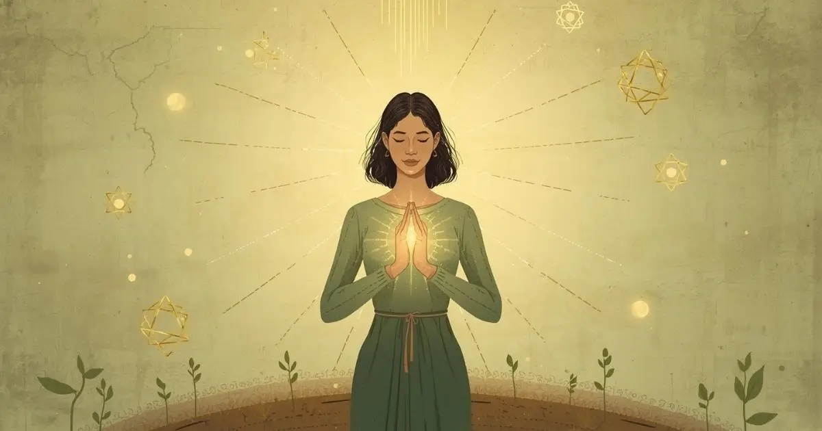 ilustração de uma mulher impondo as mãos sobre o peito para alinhar os chakras com reiki