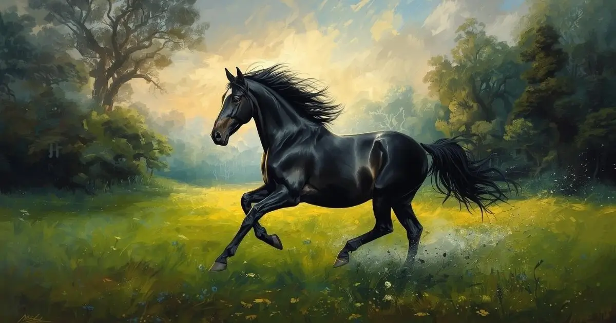 um corcel negro correndo no campo representando o cavalo como animal de poder