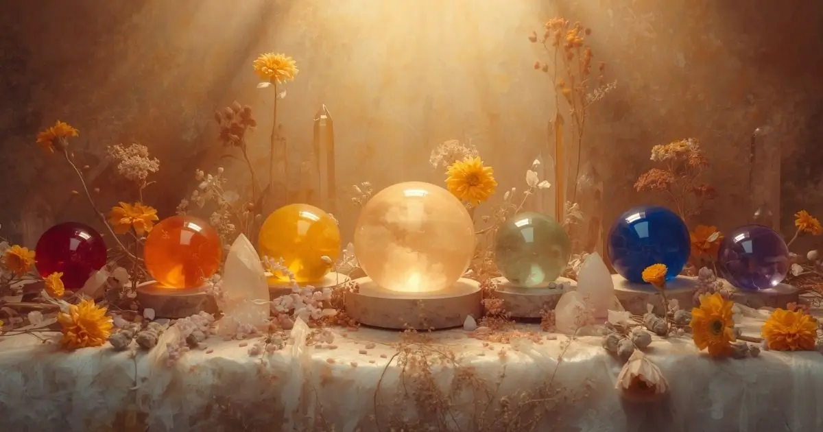 esferas coloridas representando os sete chakras e a cromoterapia com cristais e flores em pintura contemplativa