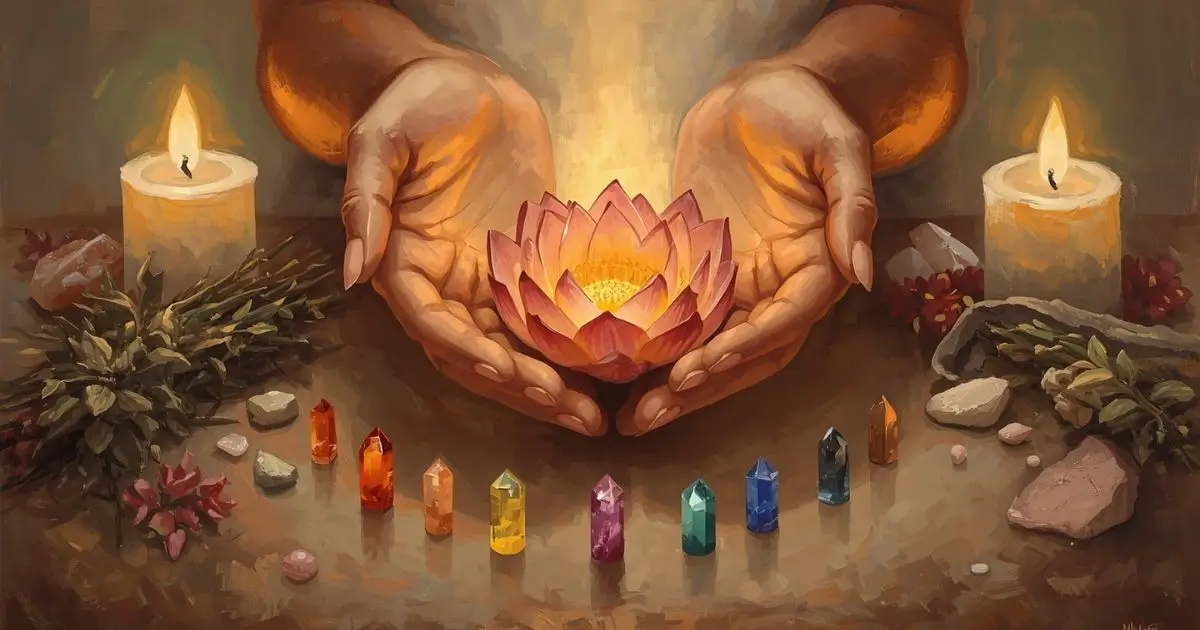 mãos em posição de reiki sobre chakras iluminados com cristais e flores ao redor