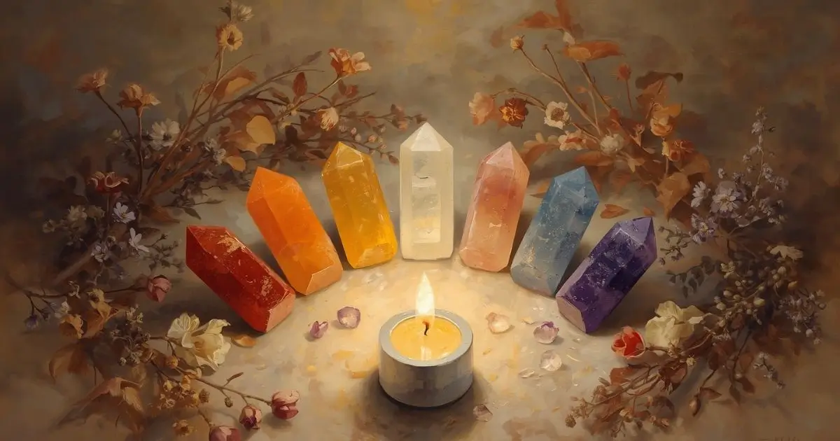 sete cristais alinhados aos chakras com flores secas e luz dourada em pintura contemplativa
