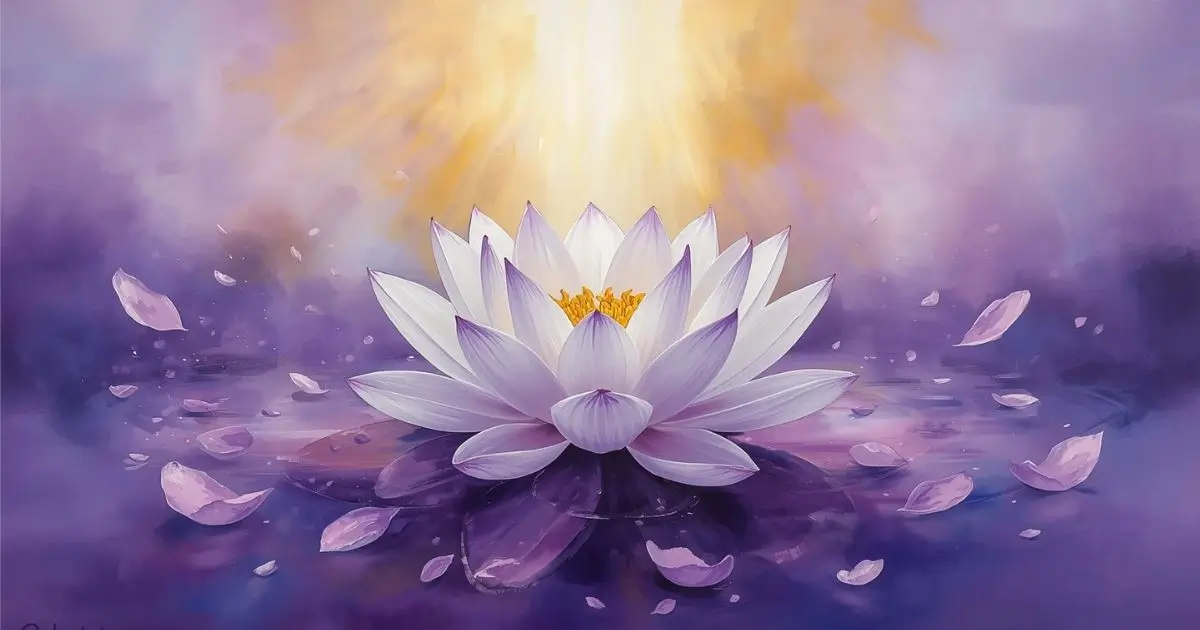 Chakra coronário Sahasrara representado por lótus de mil pétalas com luz violeta e branca cristal de quartzo e geometria sagrada dourada